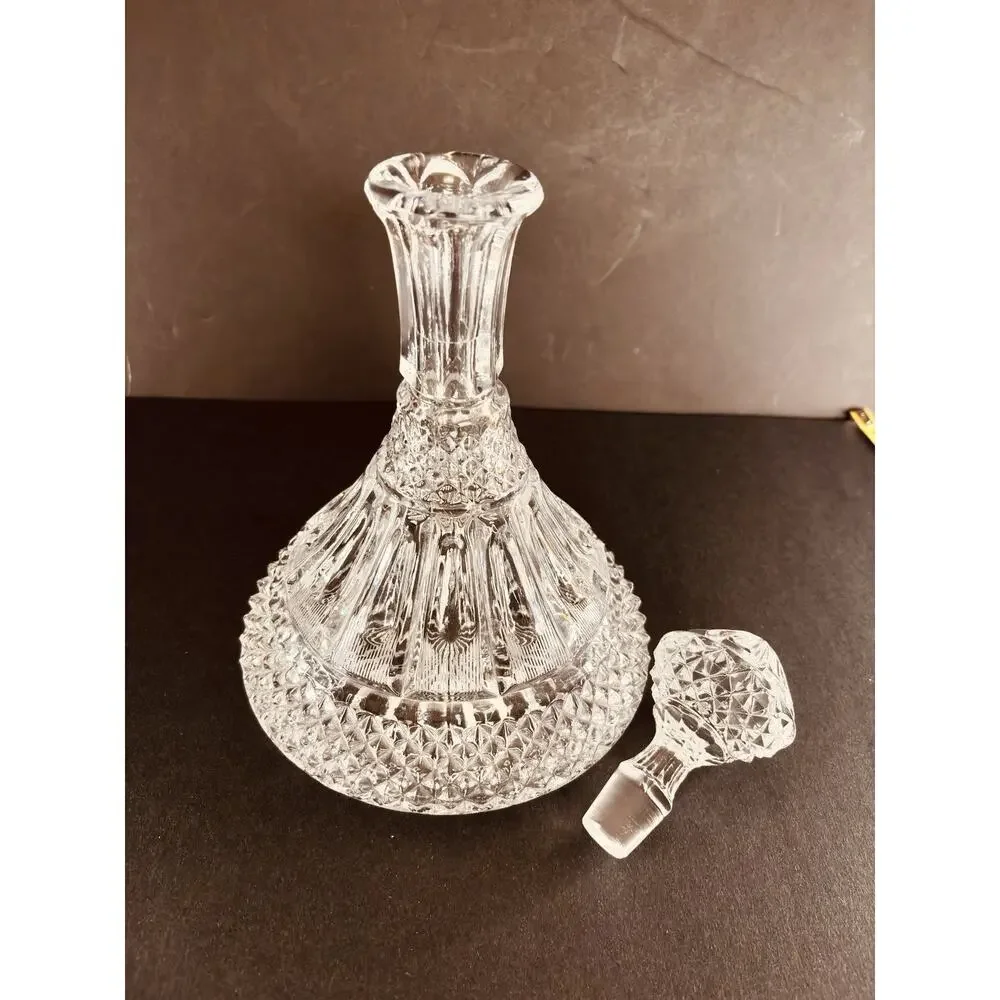 Vintage Heavy Crystal Wine Decanter Diamond Point Optic Glass Stopper 11.5